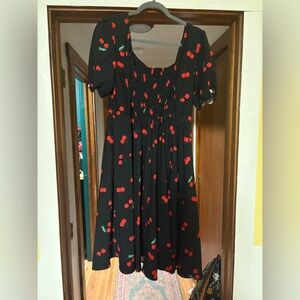 Cherry Print Black Midi Dress